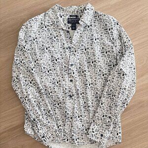 American Rag Men's Camping Print Button Down Shirt - Medium - White/Navy